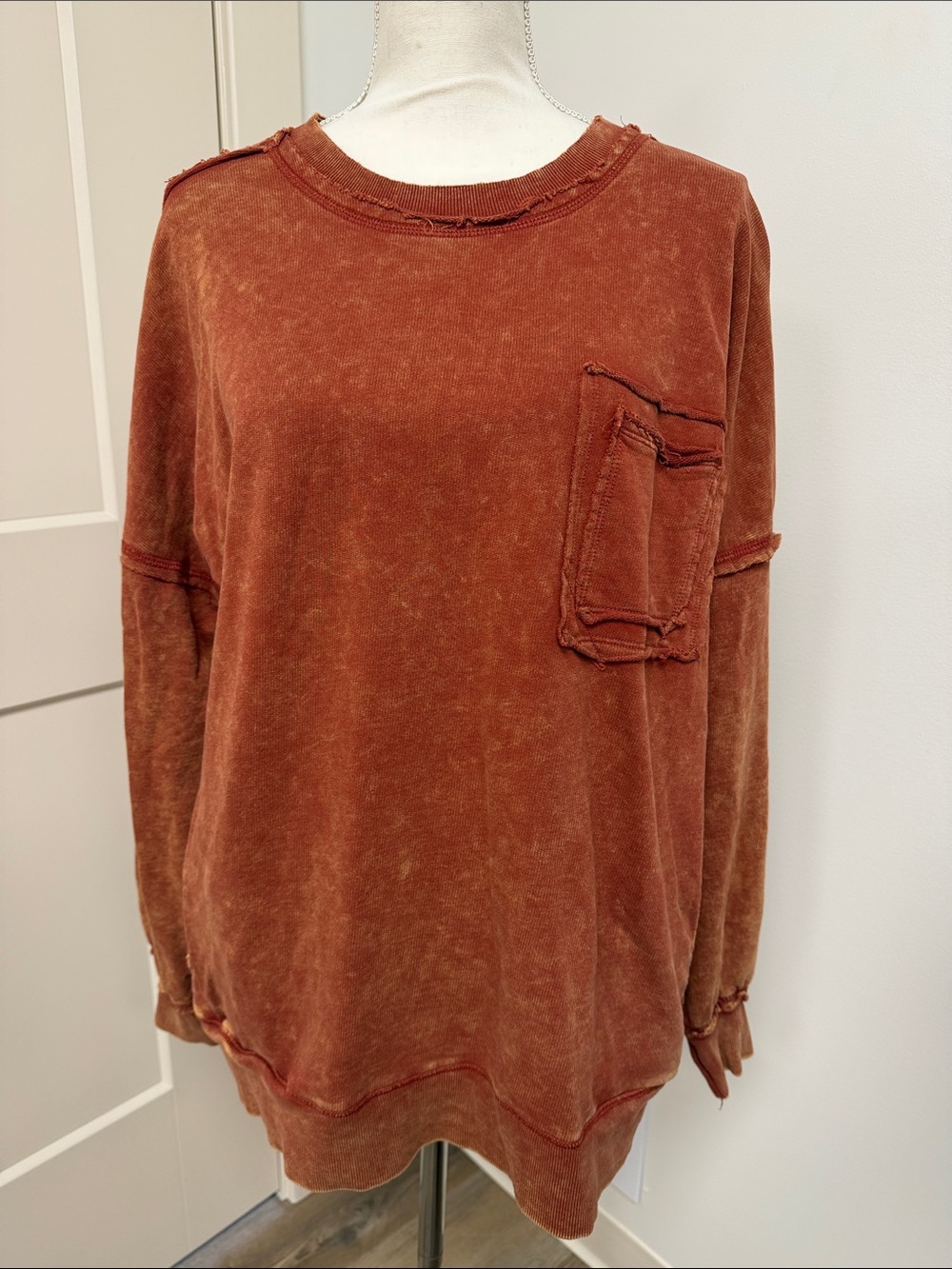 Zenana Outfitters Distressed Rust Crewneck Sweatshirt